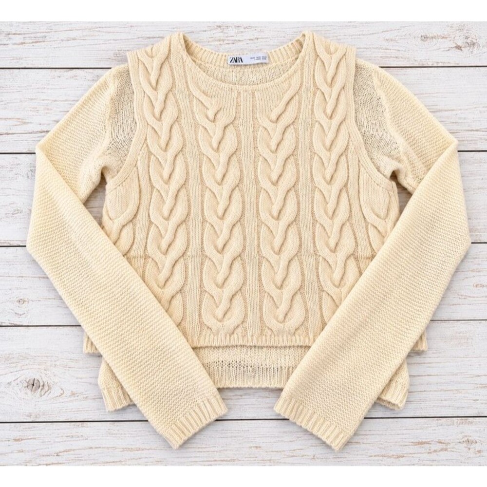 Zara Cream Cable Knit Sweater Textured Long Sleeve Cozy Preppy Size S 4904